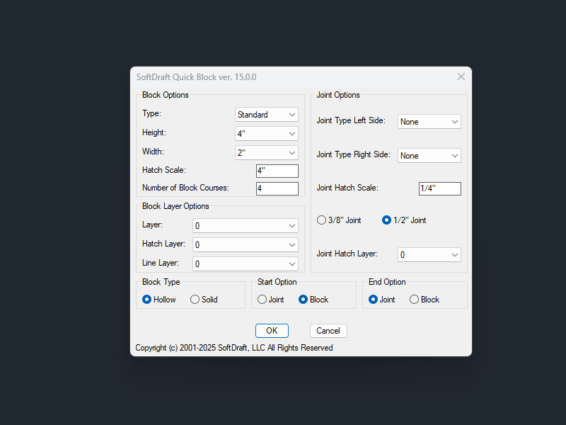 Quick Block Options Dialog
